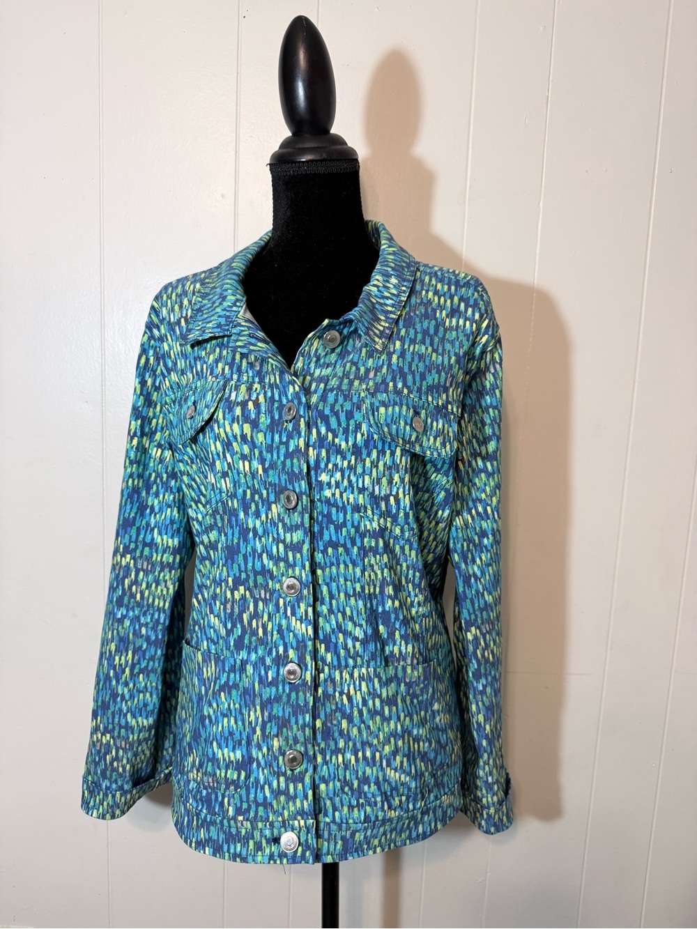 Attyre Blue and Green Abstract Dot Button-Up Shirt Jacket